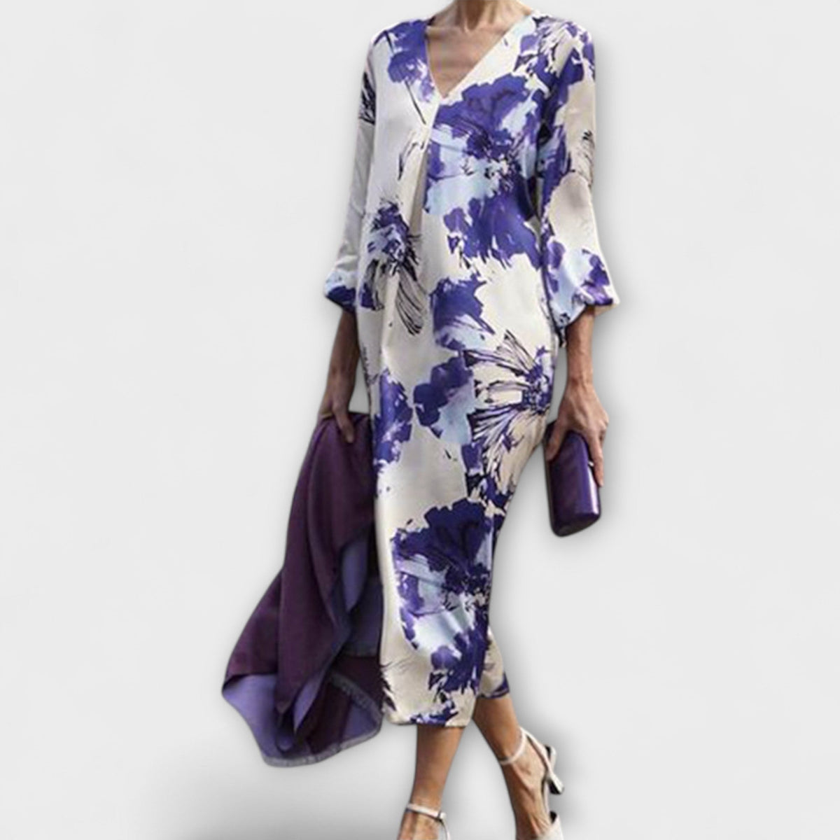 Maria - Robe Blanche et Violette à Motif Floral