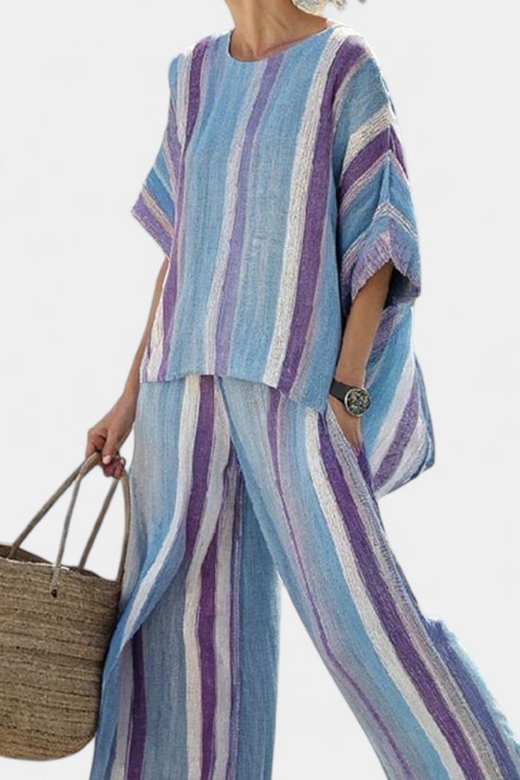 Laura - Tailleur Rayé en Lin Bleu et Violet