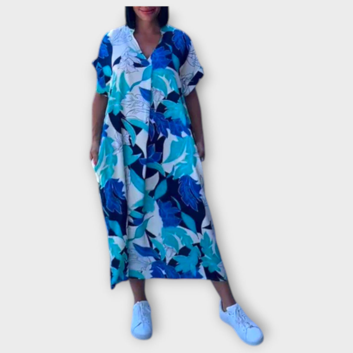 Elena - Robe Élégante Bleue et Verte à Motif Floral