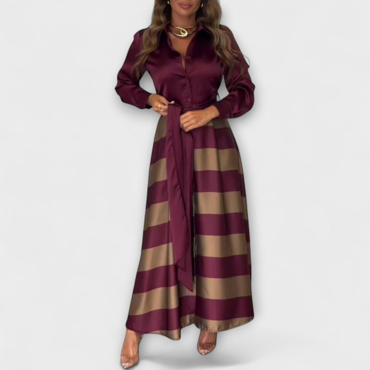 Hedda - Robe Chemisier Rayée Bordeaux à Ceinture