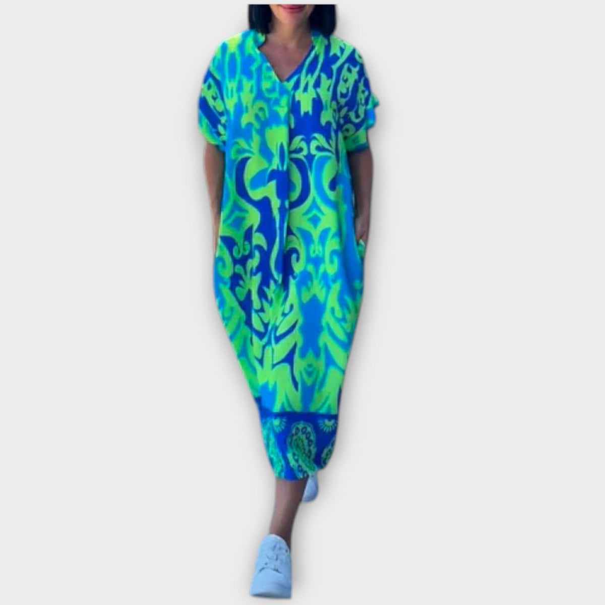 Elena - Robe Élégante Bleue et Verte à Motif Floral