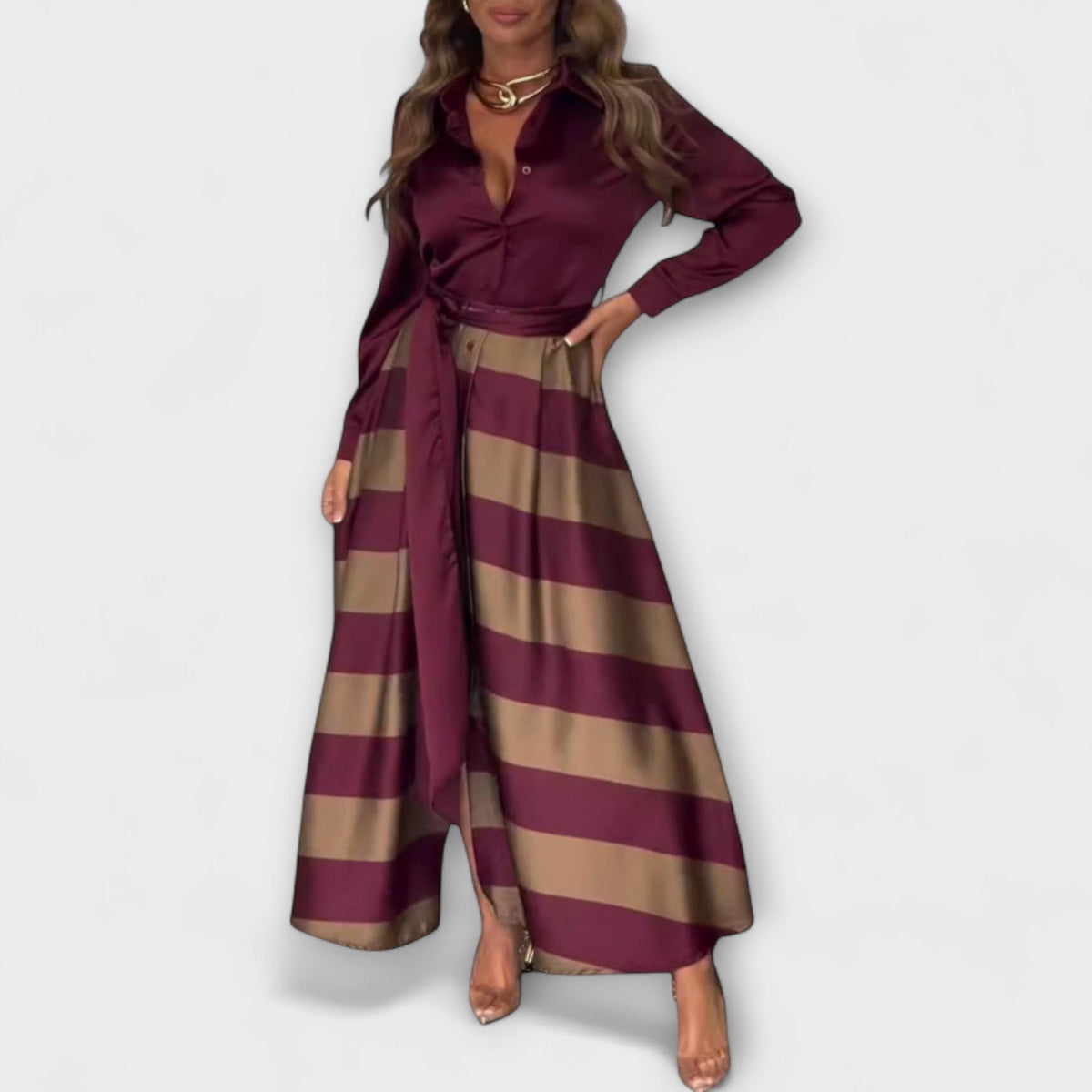 Hedda - Robe Chemisier Rayée Bordeaux à Ceinture