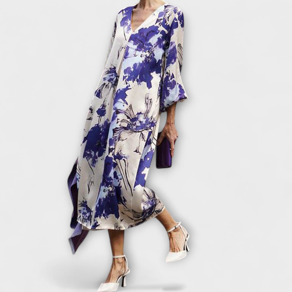 Maria - Robe Blanche et Violette à Motif Floral