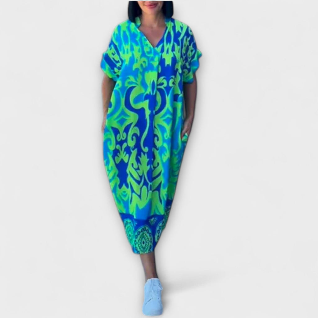 Elena - Robe Élégante Bleue et Verte à Motif Floral