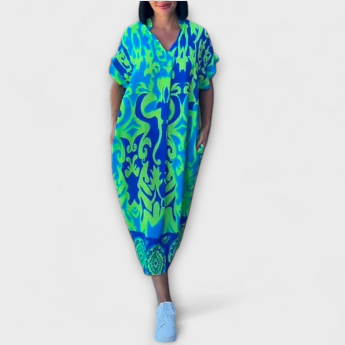 Elena - Robe Élégante Bleue et Verte à Motif Floral
