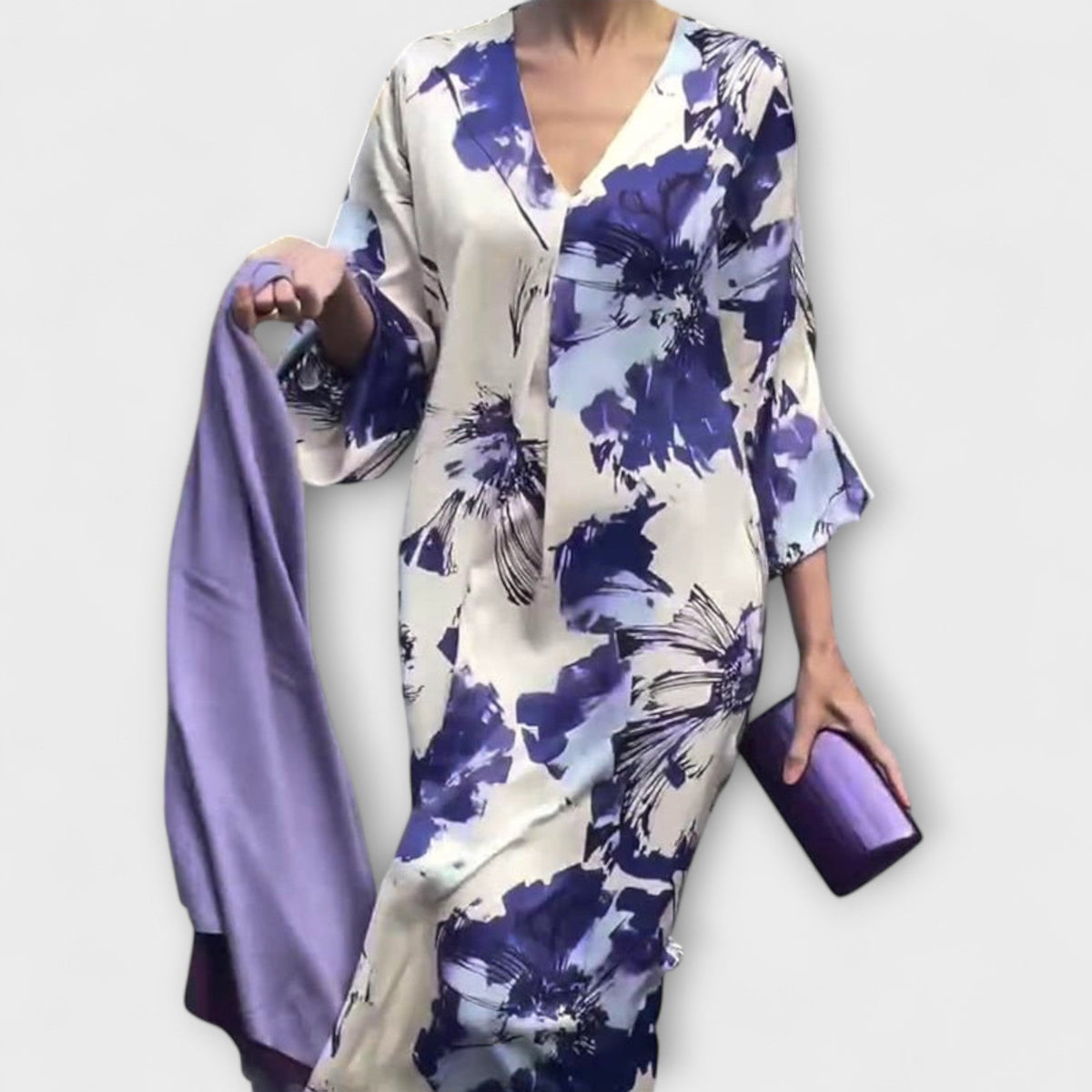 Maria - Robe Blanche et Violette à Motif Floral