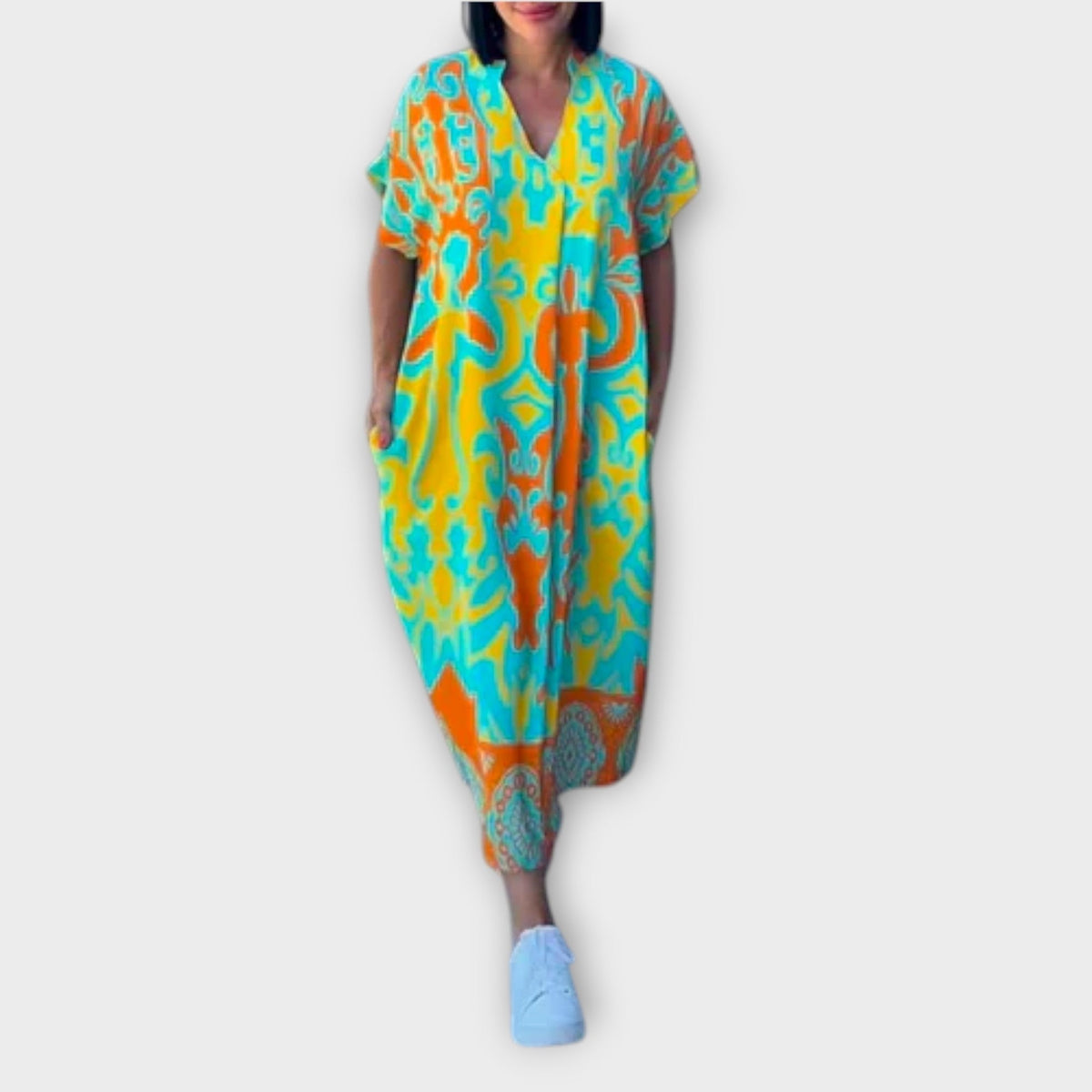 Elena - Robe Élégante Bleue et Verte à Motif Floral