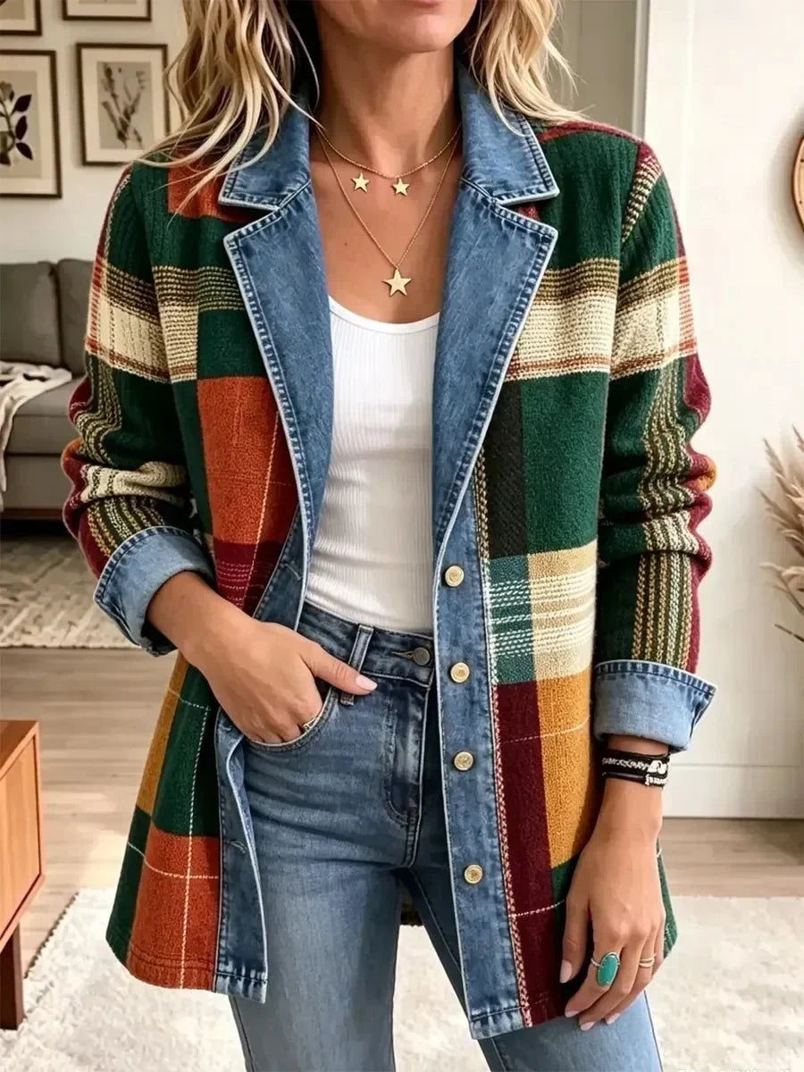 Claire | Veste en jean à carreaux et imprimé artistique