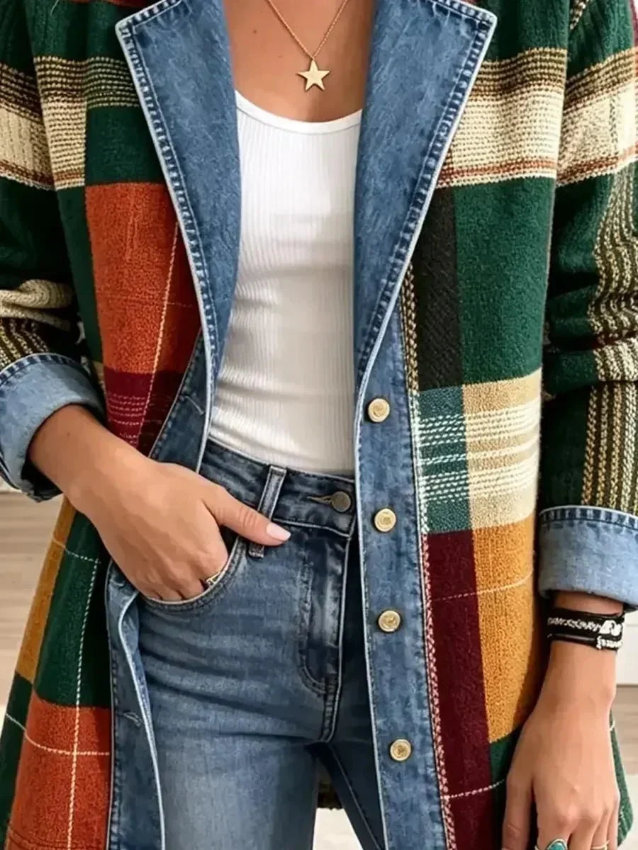 Claire | Veste en jean à carreaux et imprimé artistique