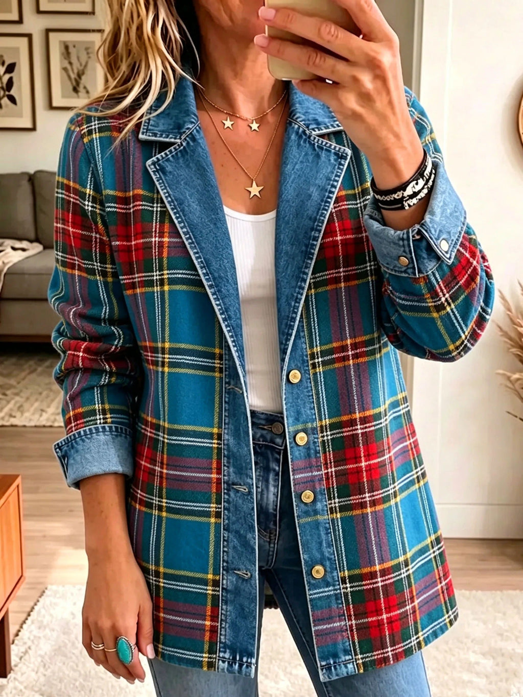 Madison | Blazer en jean à empiècements tartan