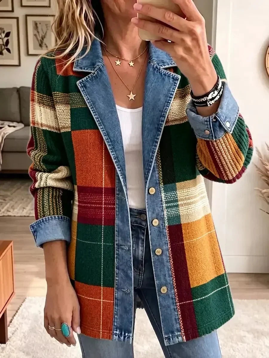 Claire | Veste en jean à carreaux et imprimé artistique
