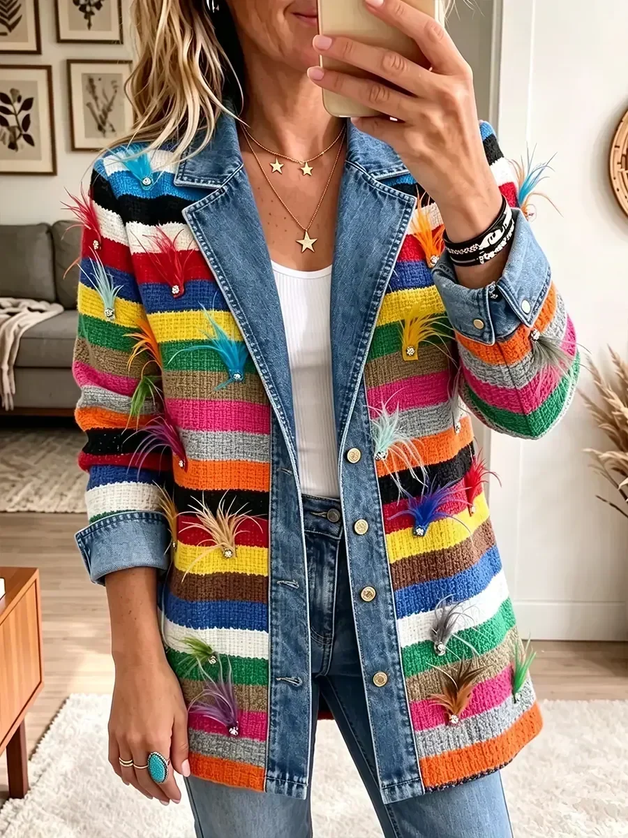 Caroline | Veste en jean à imprimé plumes vintage