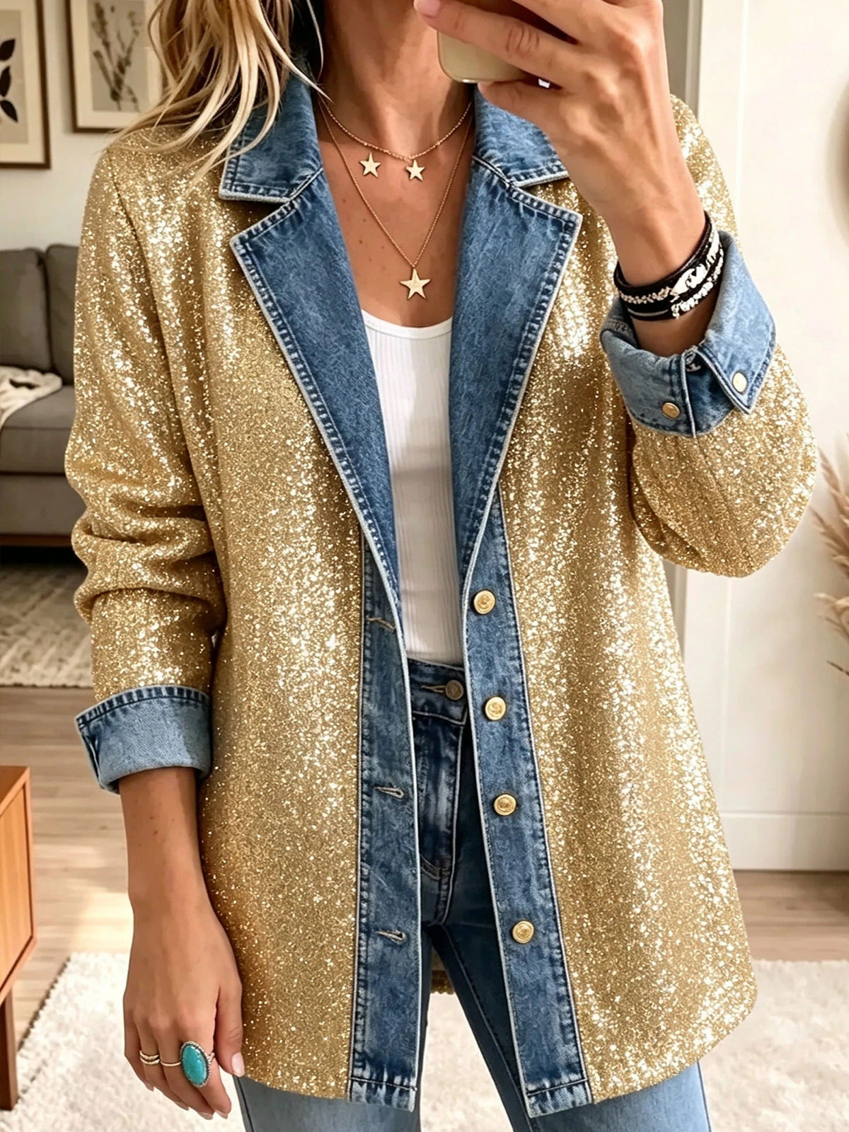 Addison | Veste en jean patchwork à reflets dorés