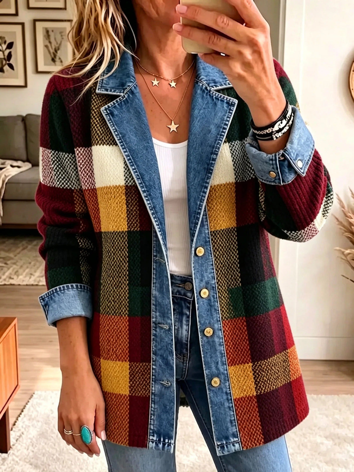 Lillian | Veste en jean à carreaux et empiècements contrastés