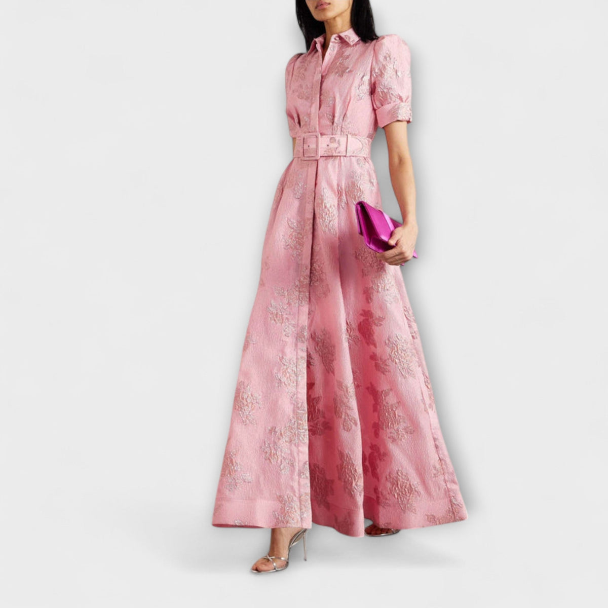 Anabella - Robe Longue Rose à Manches Bouffantes Courtes
