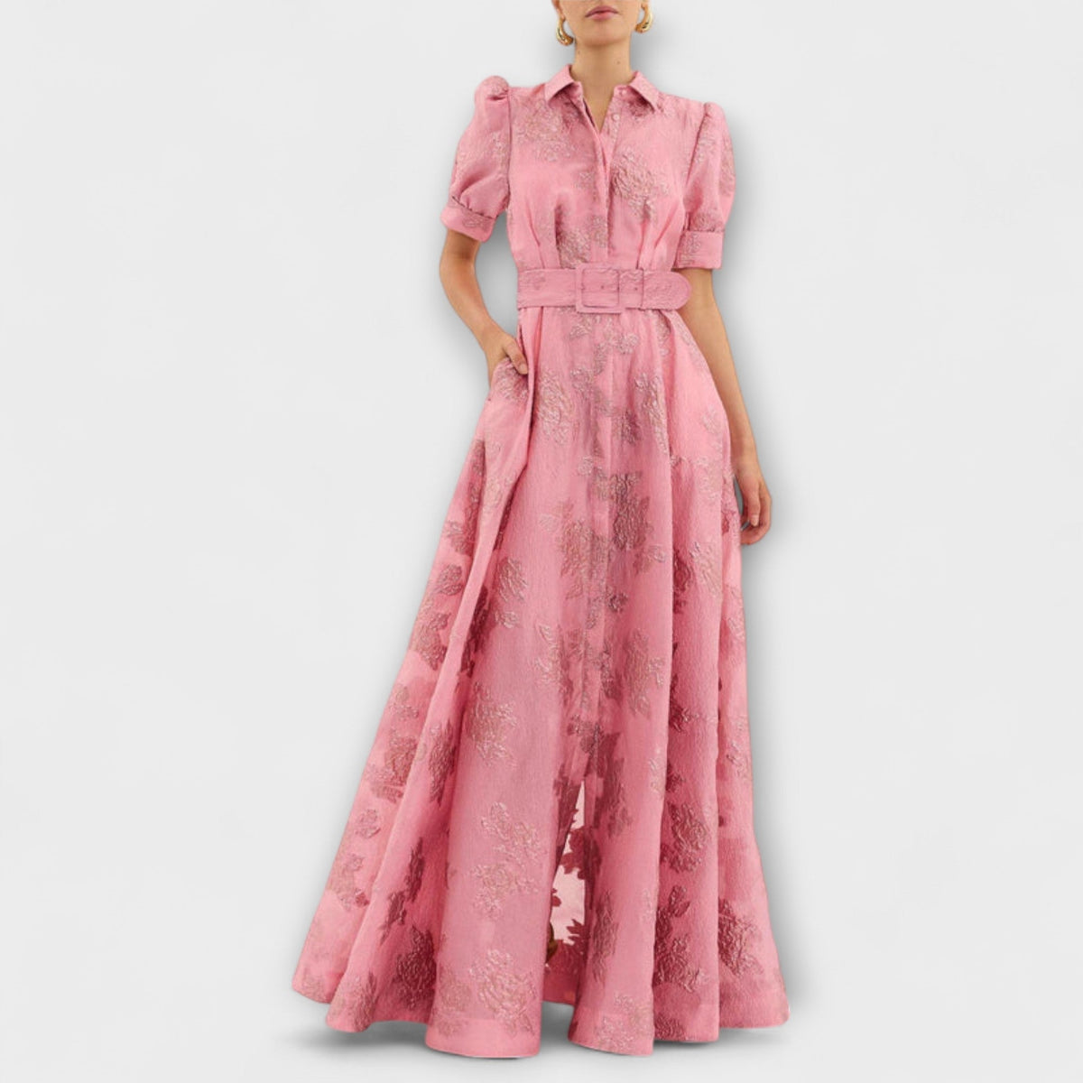 Anabella - Robe Longue Rose à Manches Bouffantes Courtes