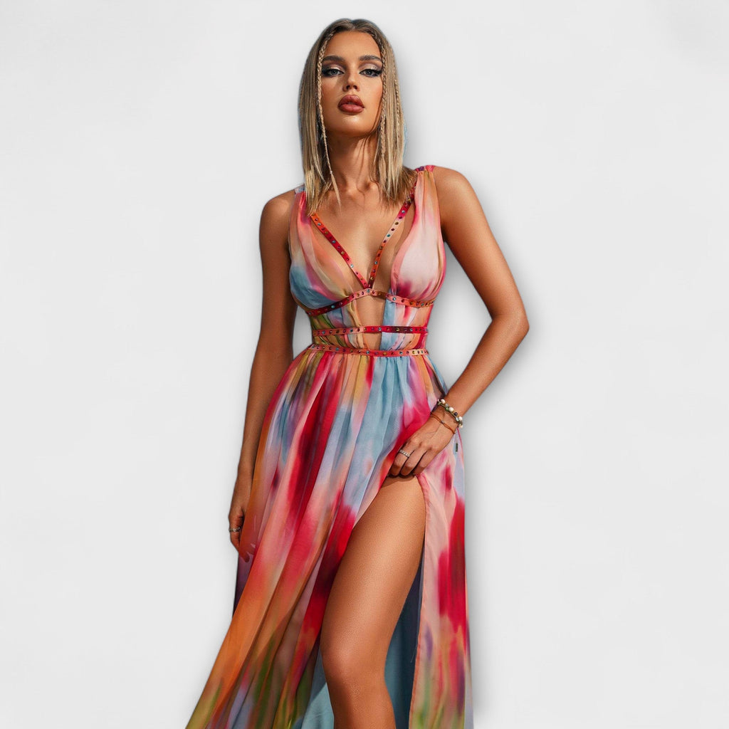 Freya - Robe Longue Colorée à Motif Aquarelle