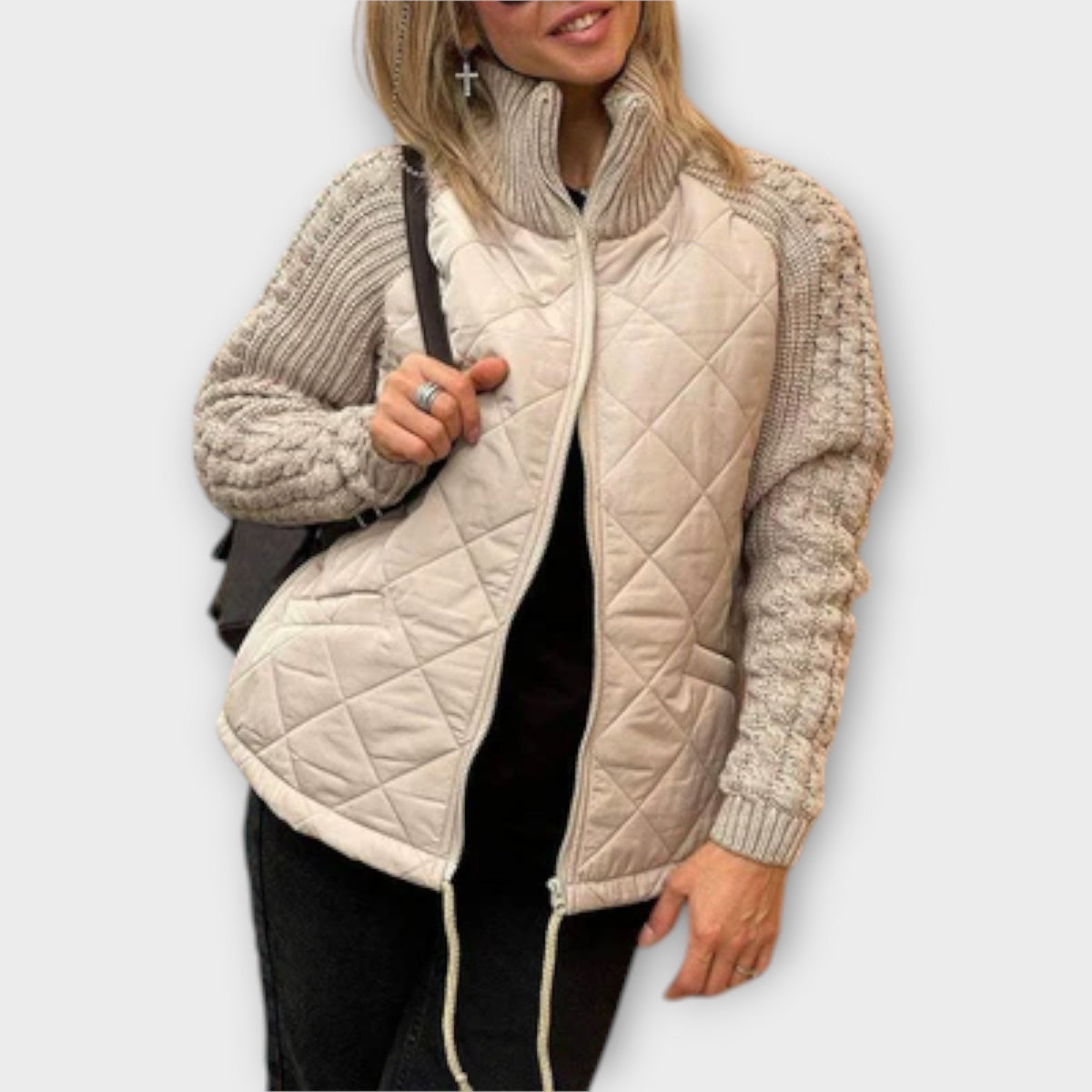 Valerie - Veste Beige à Col Montant, Mix Matelassé et Tricot