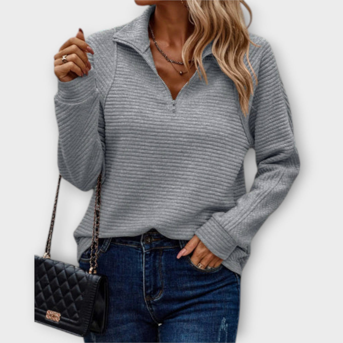 Vilja - Pull Rose Demi-Zip à Motif Côtelé