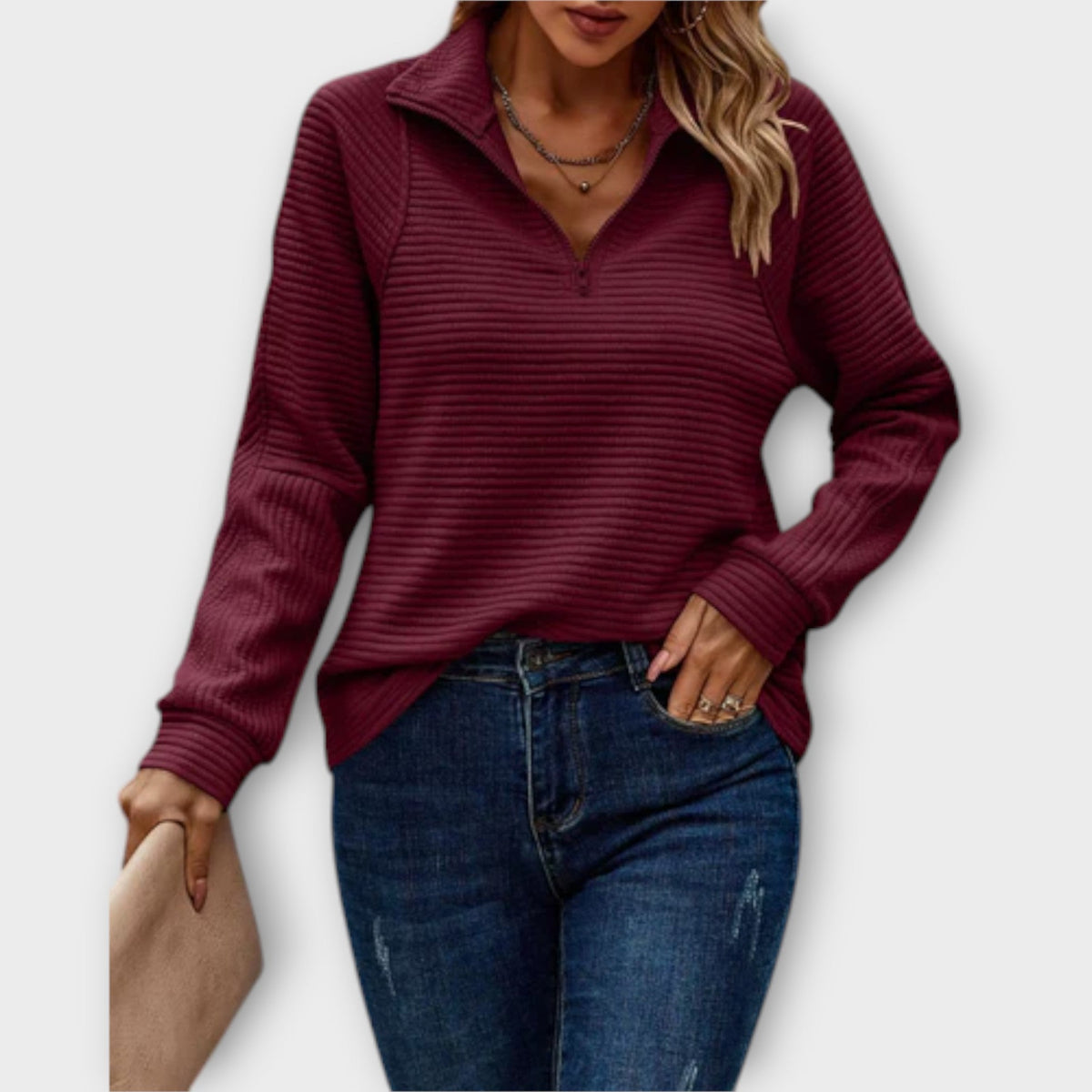 Vilja - Pull Rose Demi-Zip à Motif Côtelé