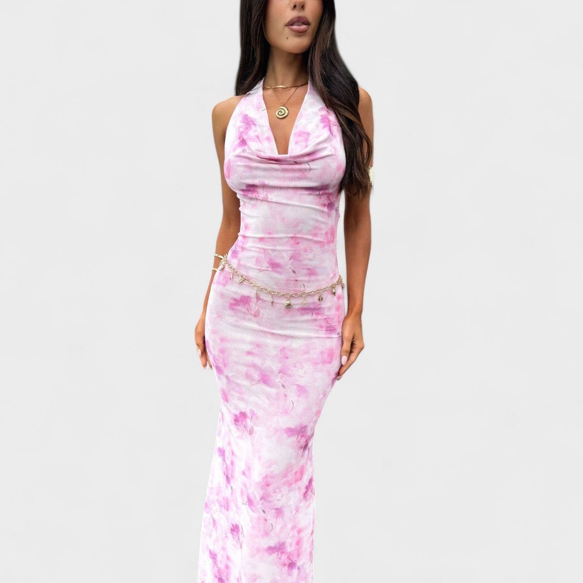 Mara - Robe Longue Rose à Motif Floral