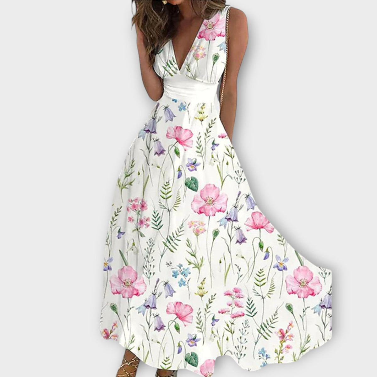 Romy - Robe Blanche à Motif Floral et Col V