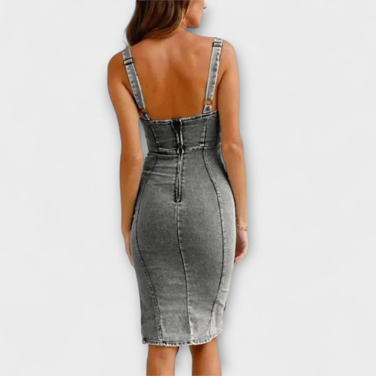 Anna - Robe en Denim Grise à Bretelles Réglables