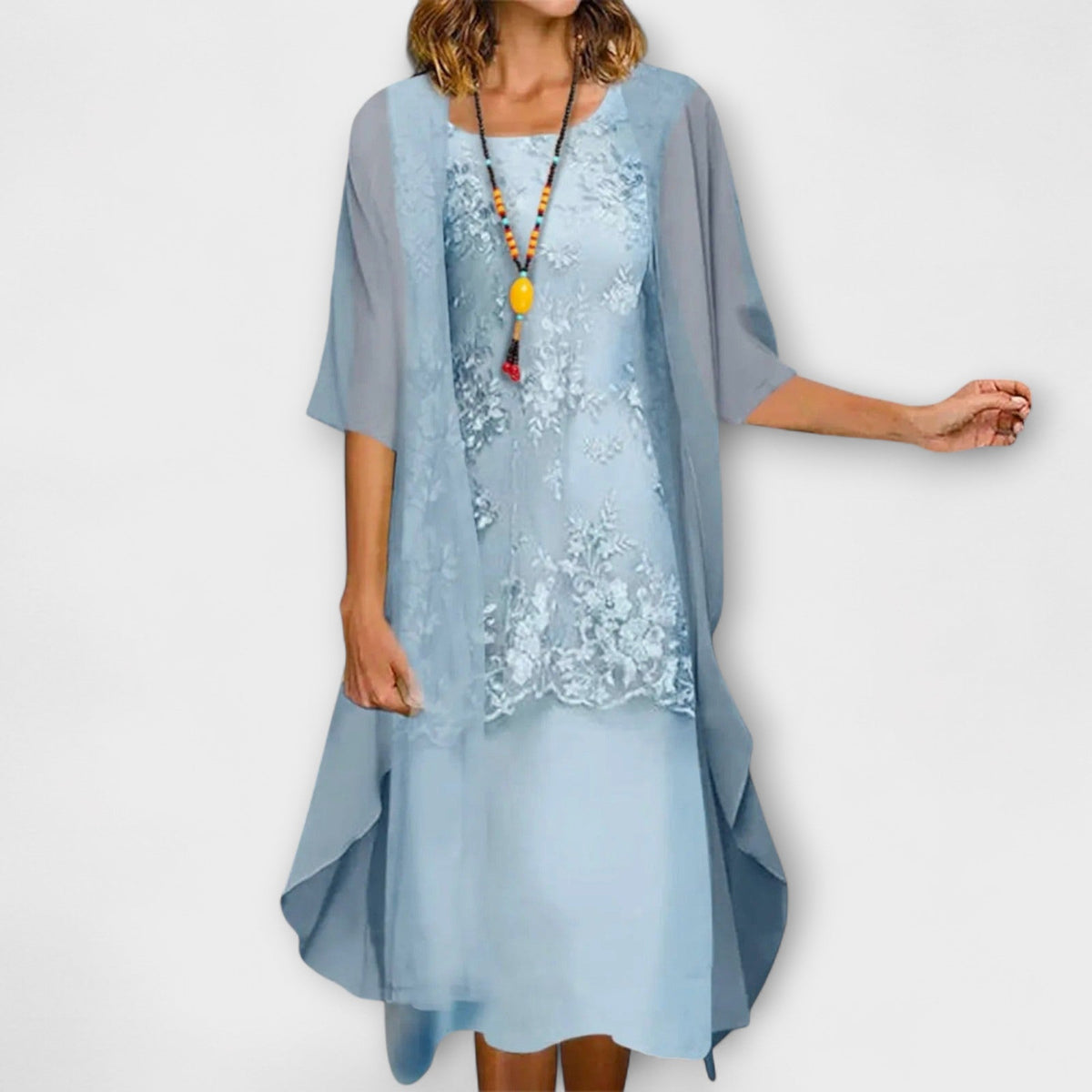 Danielle - Ensemble Robe en Mousseline Bleu Clair à Dentelle