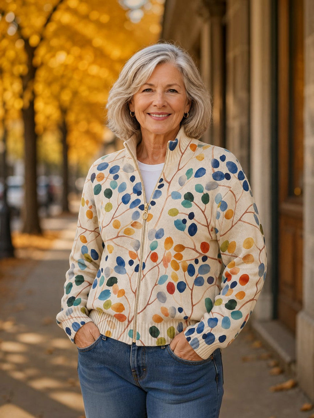 Consuelo | Cardigan en maille à motif de feuilles multicolores
