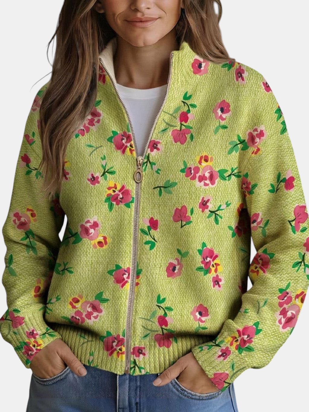 Mercedes | Cardigan en maille verte à motif floral