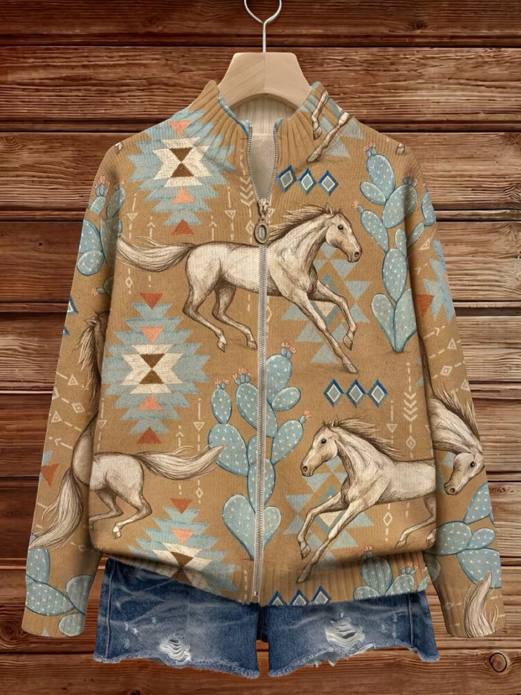 Aurora | Cardigan en maille à motif chevaux et cactus