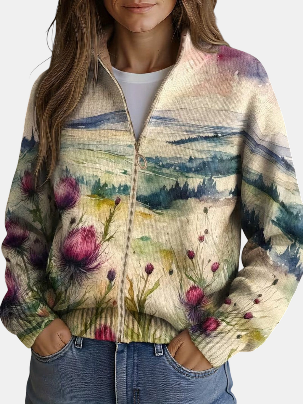 Montserrat | Cardigan à motif de chardons et paysage