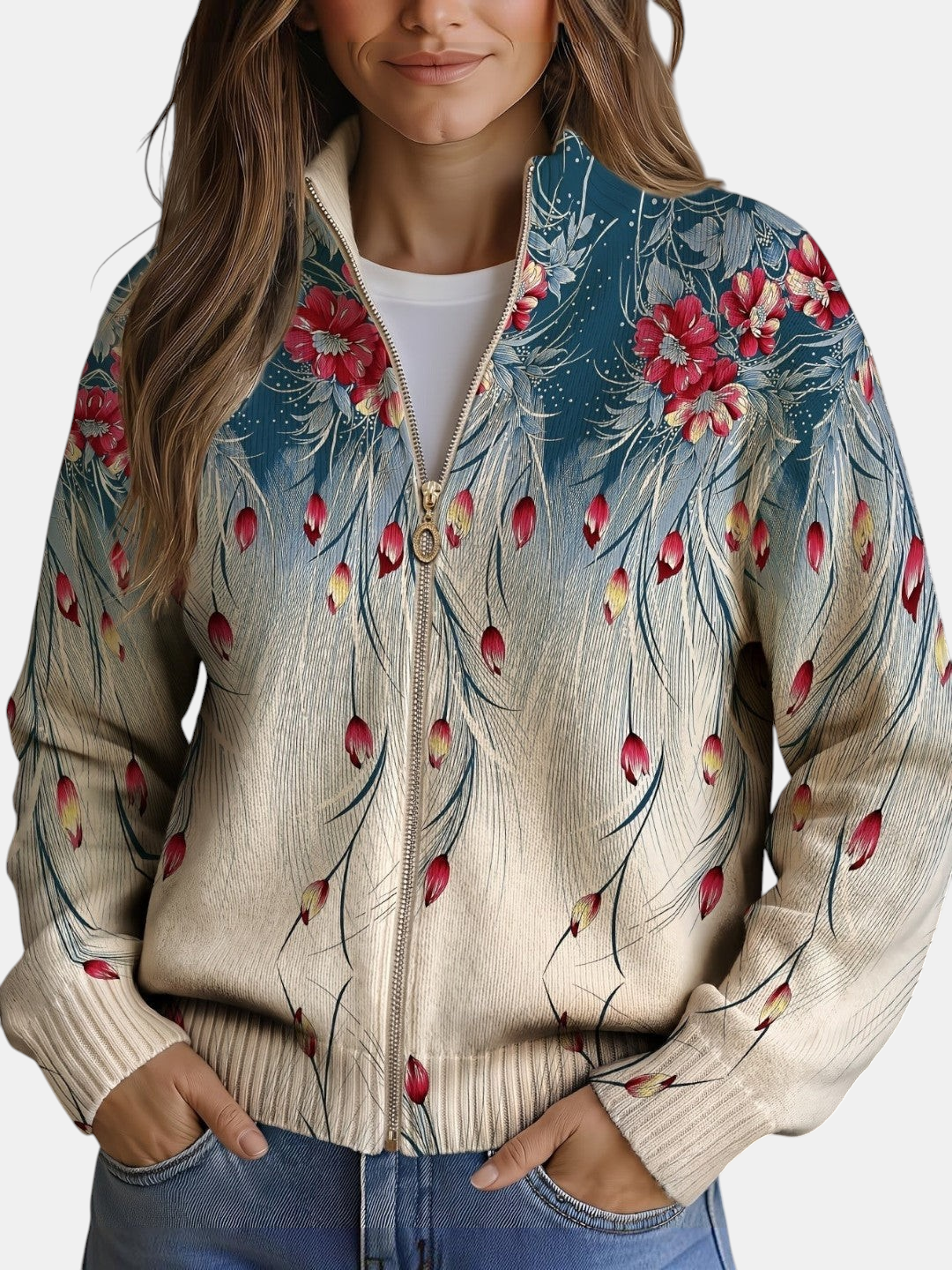 Dolores | Cardigan en maille à motif plume de paon