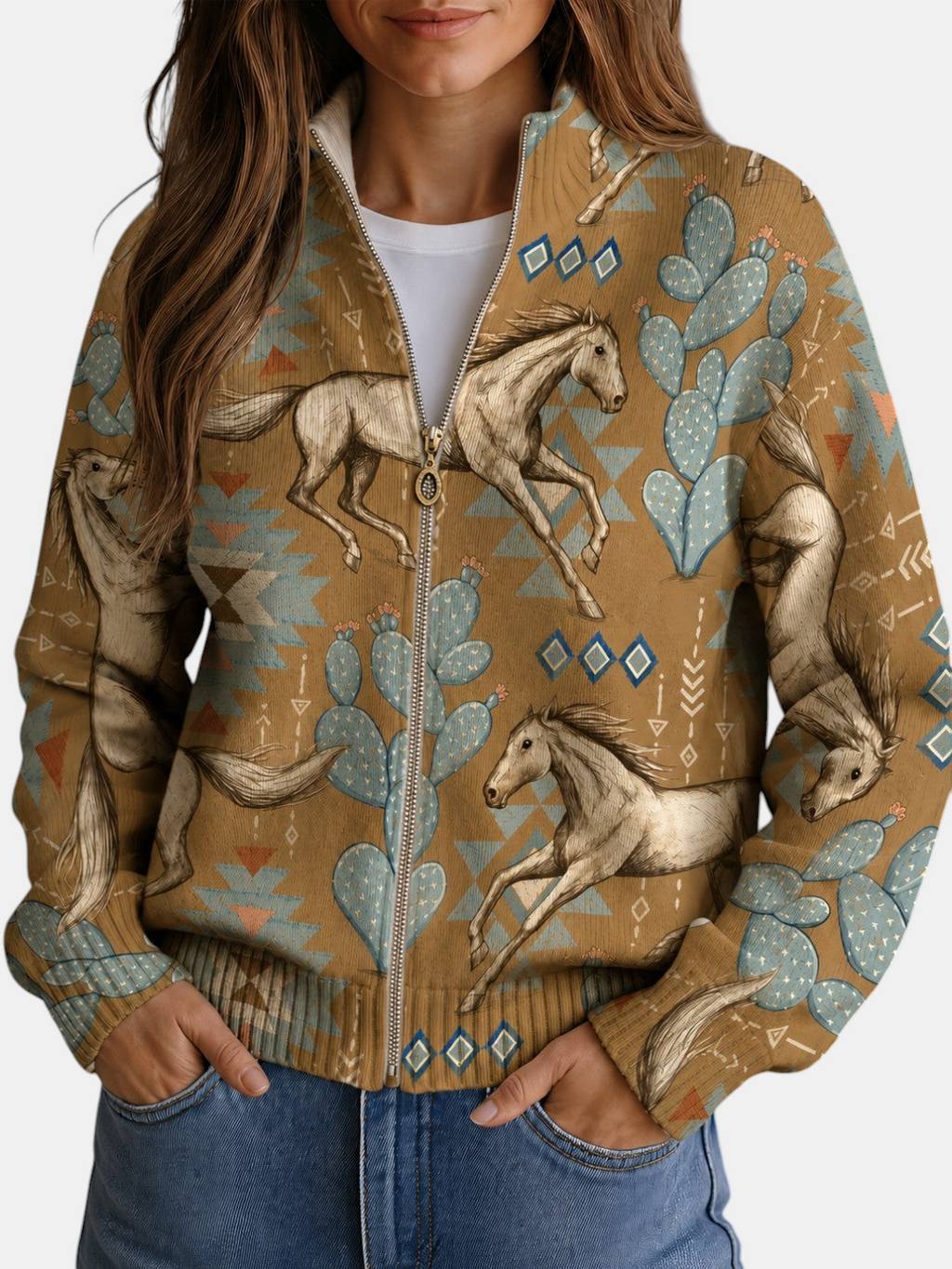 Aurora | Cardigan en maille à motif chevaux et cactus