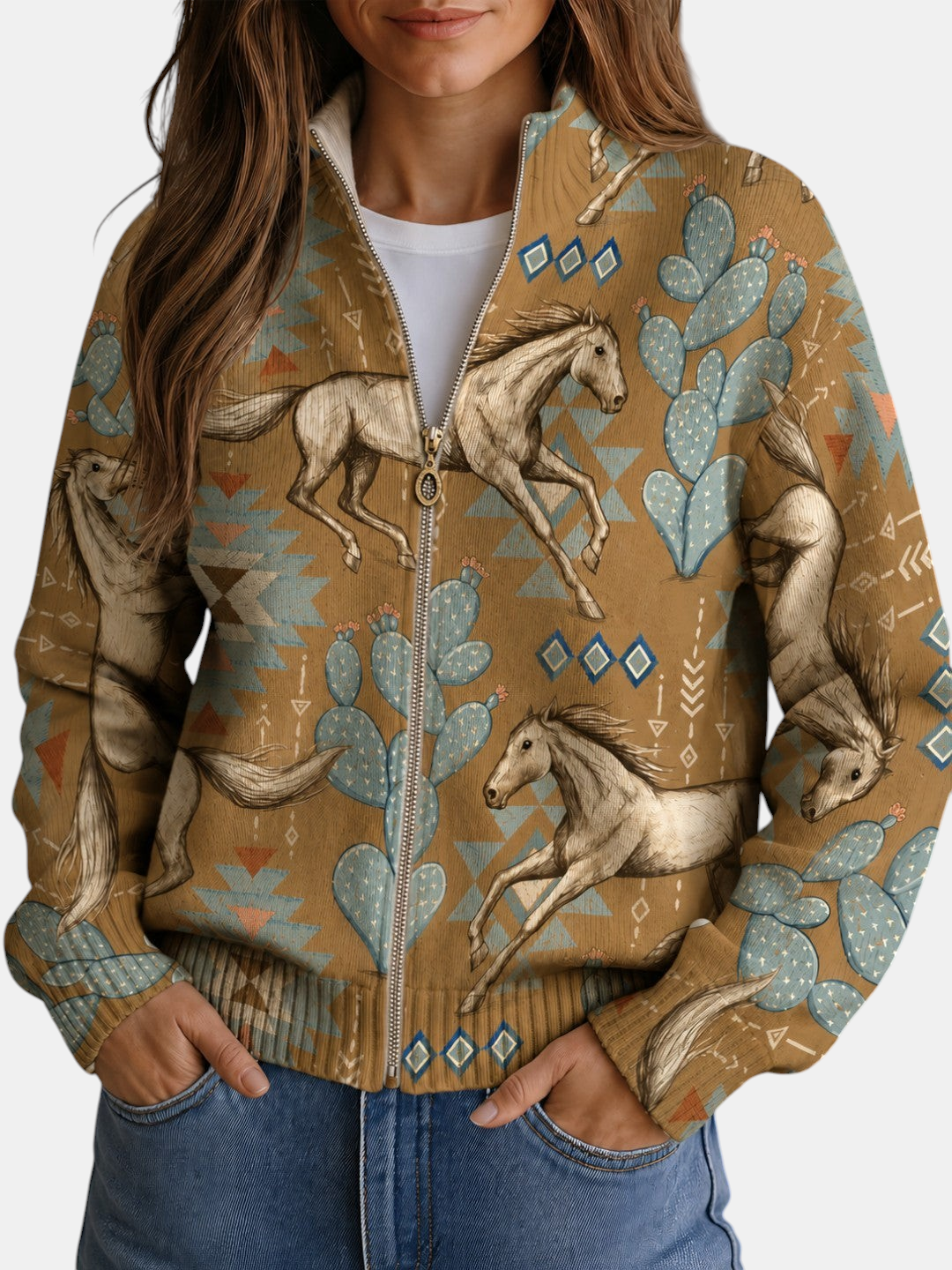 Aurora | Cardigan en maille à motif chevaux et cactus