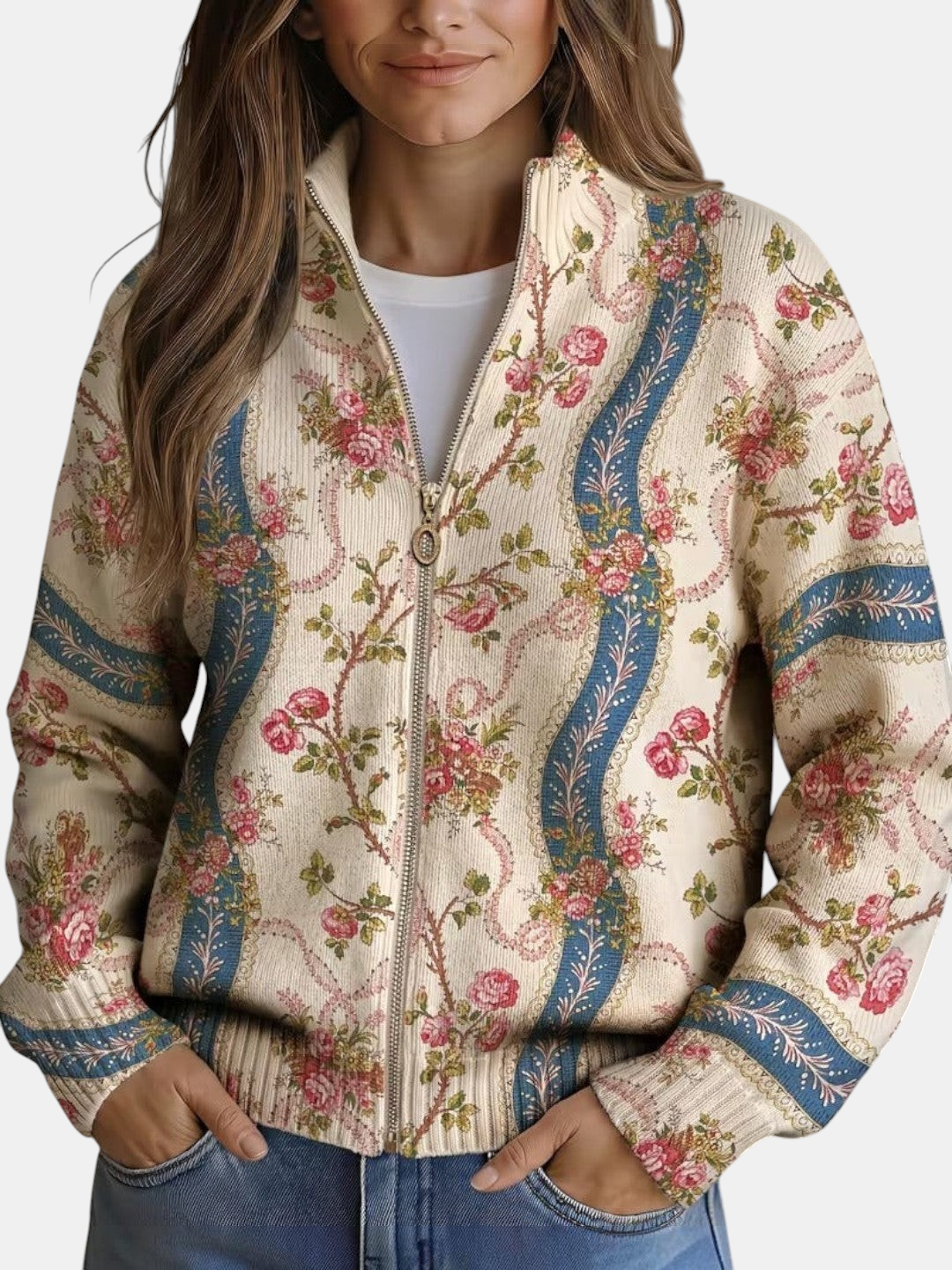 Alicia | Cardigan en maille à motif de lianes de roses