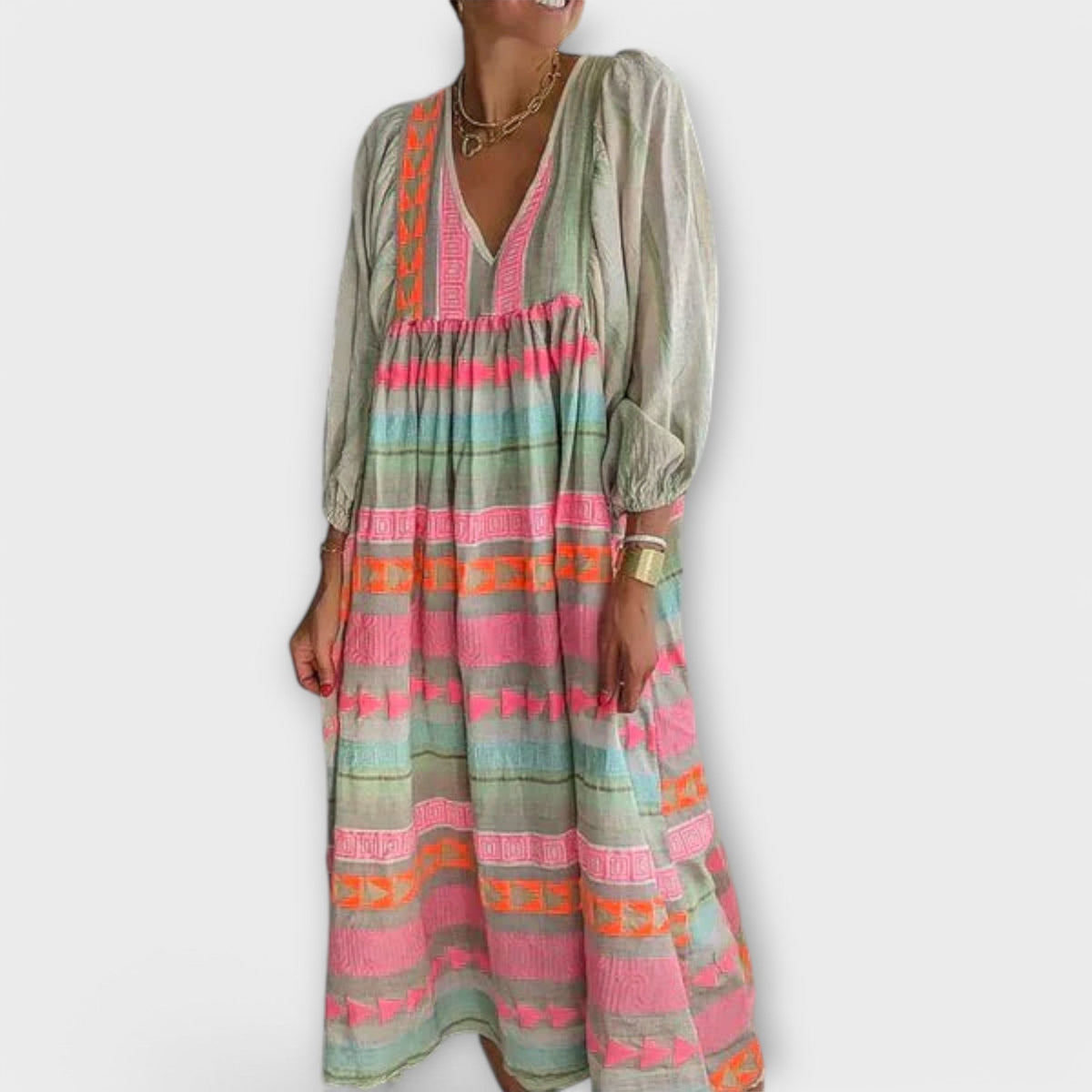 Hermine - Robe Ample Colorée à Motif Ethnique