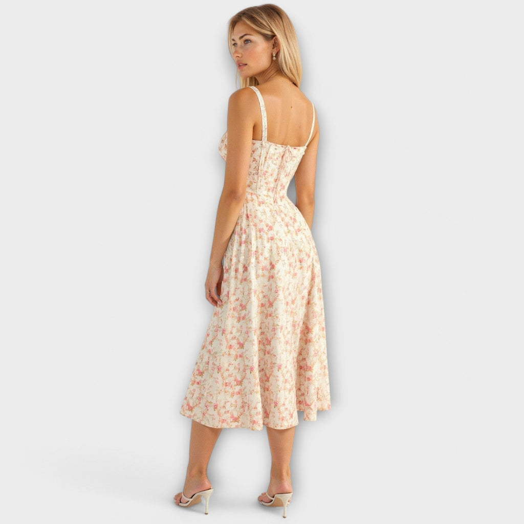 Kiana - Robe Midi Corset Crème à Petites Fleurs