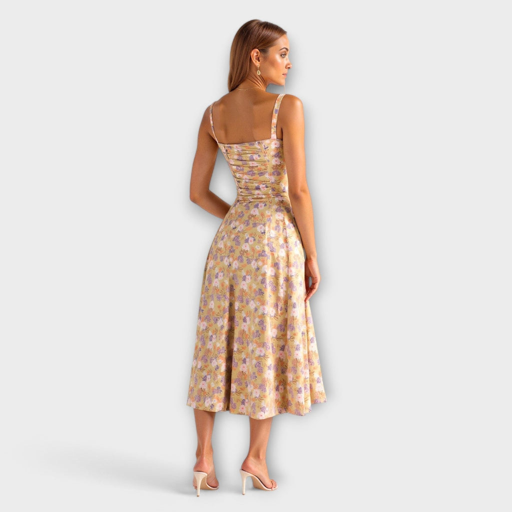 Kiana - Robe Midi Corset Crème à Petites Fleurs