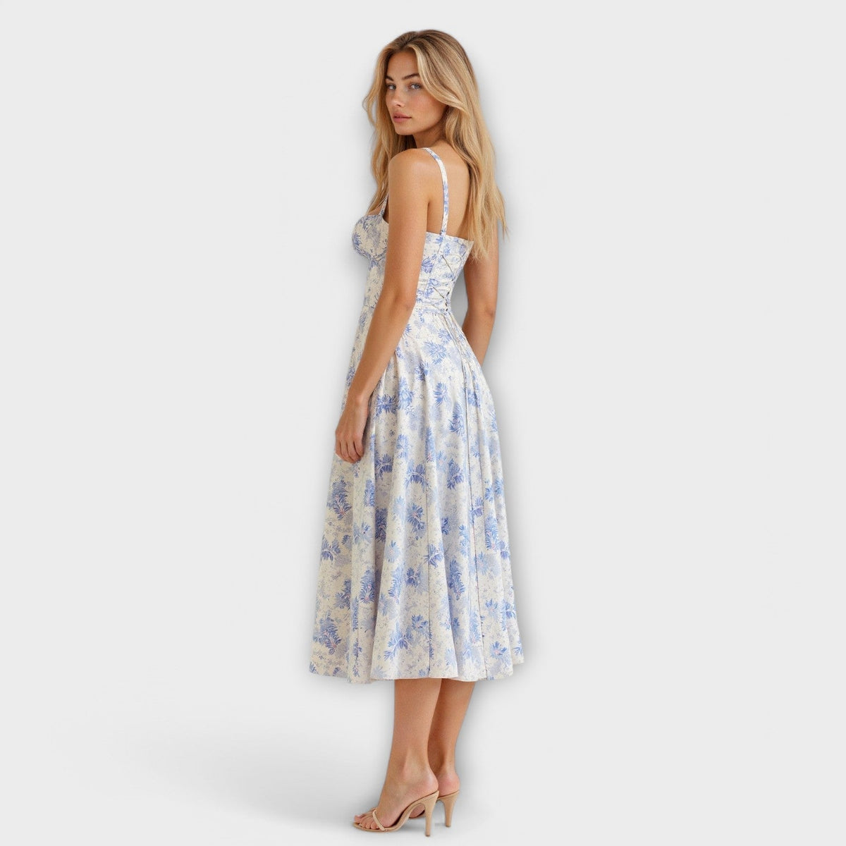 Kiana - Robe Midi Corset Crème à Petites Fleurs