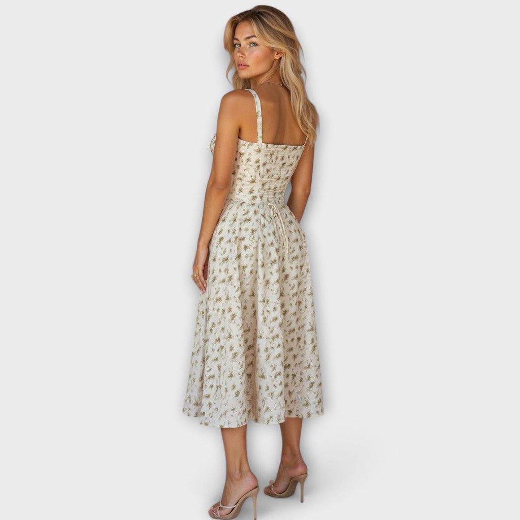 Kiana - Robe Midi Corset Crème à Petites Fleurs
