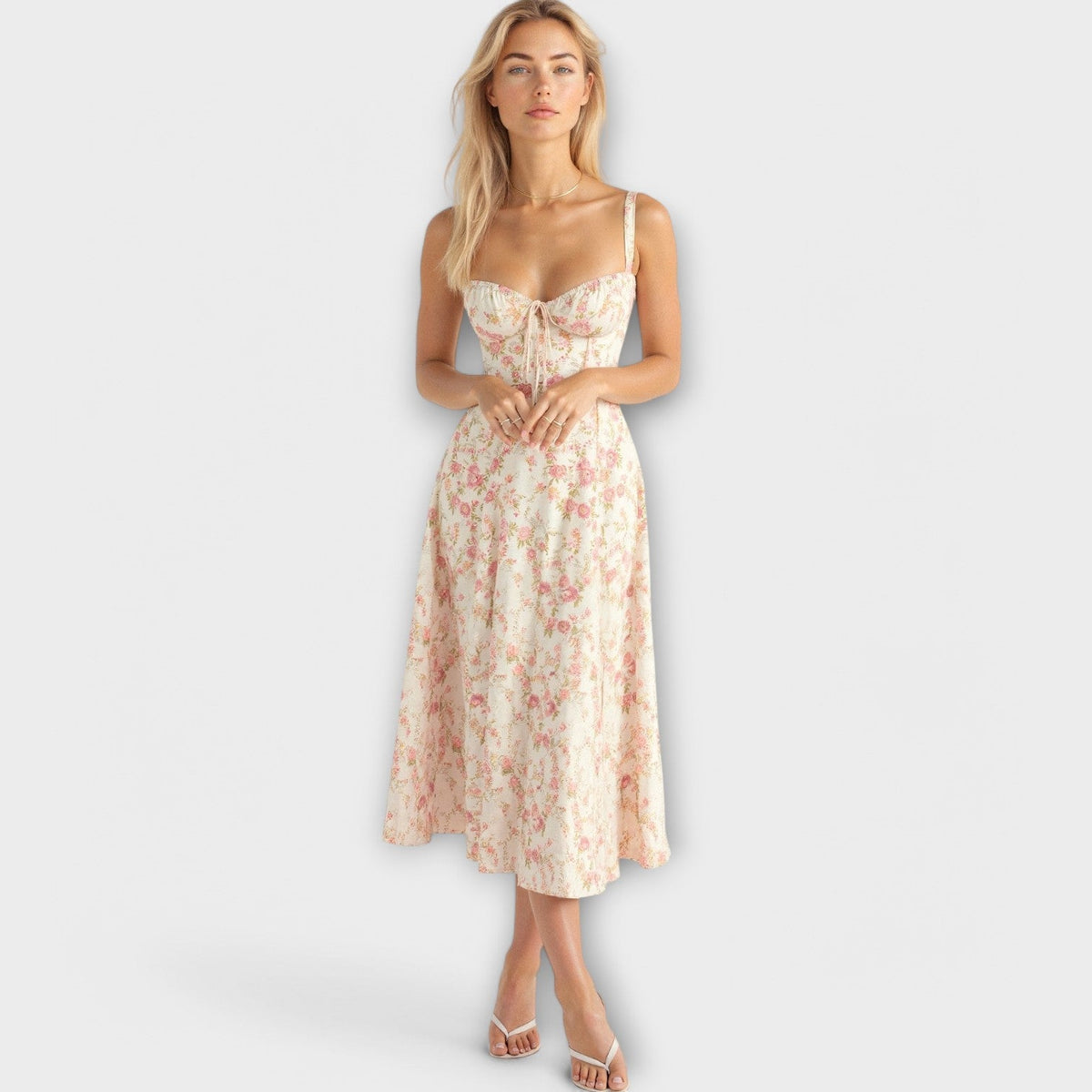 Kiana - Robe Midi Corset Crème à Petites Fleurs