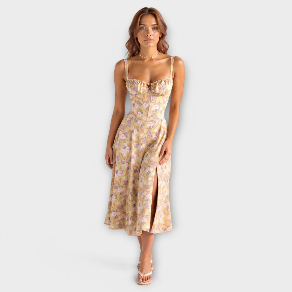 Kiana - Robe Midi Corset Crème à Petites Fleurs