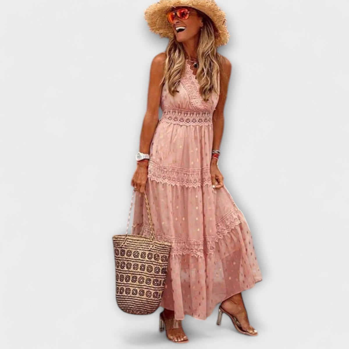 Lola - Robe Longue Bleu Clair en Dentelle Bohème