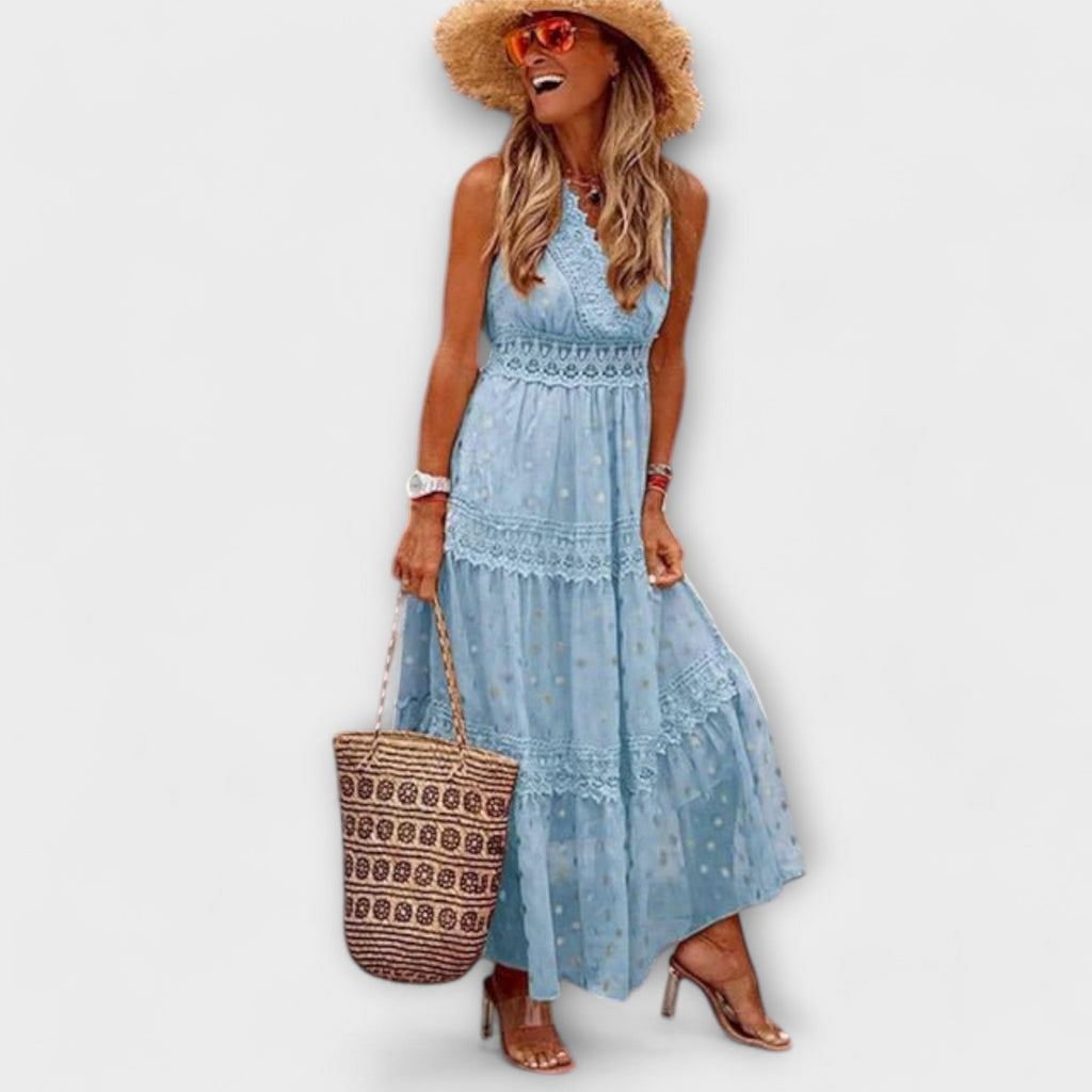 Lola - Robe Longue Bleu Clair en Dentelle Bohème