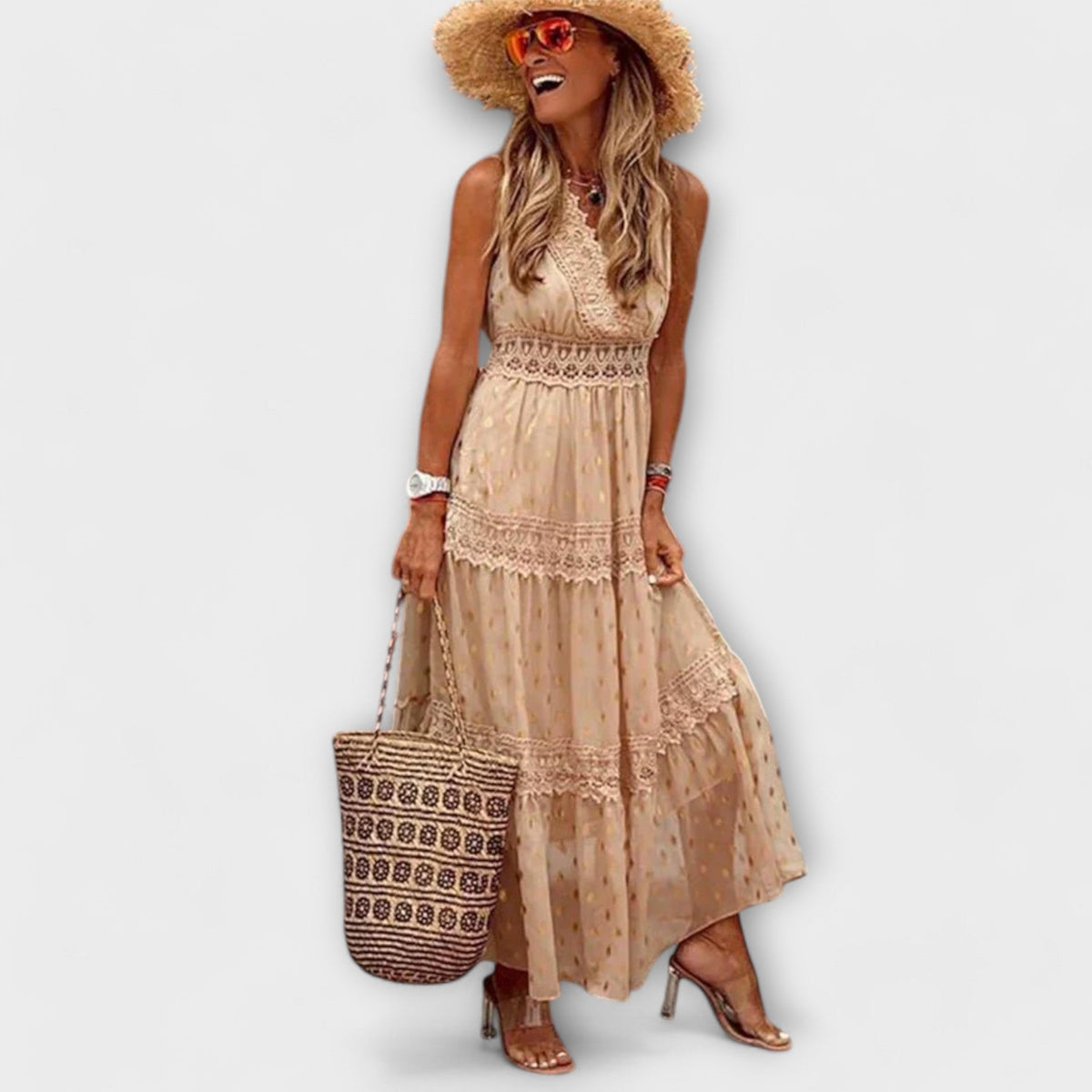 Lola - Robe Longue Bleu Clair en Dentelle Bohème