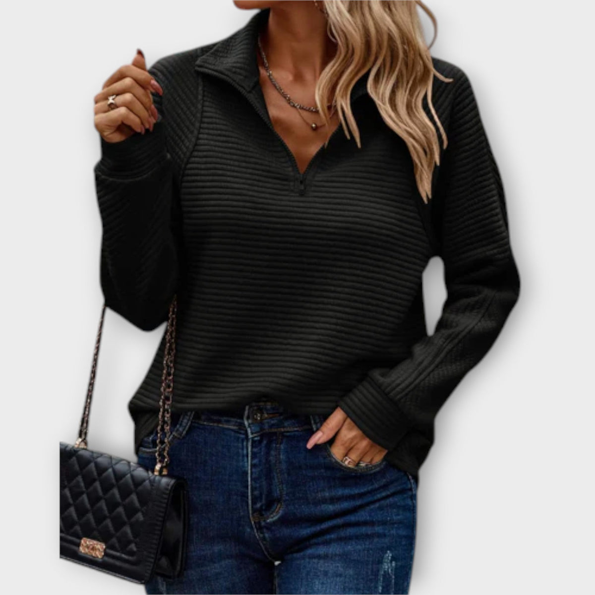Vilja - Pull Rose Demi-Zip à Motif Côtelé