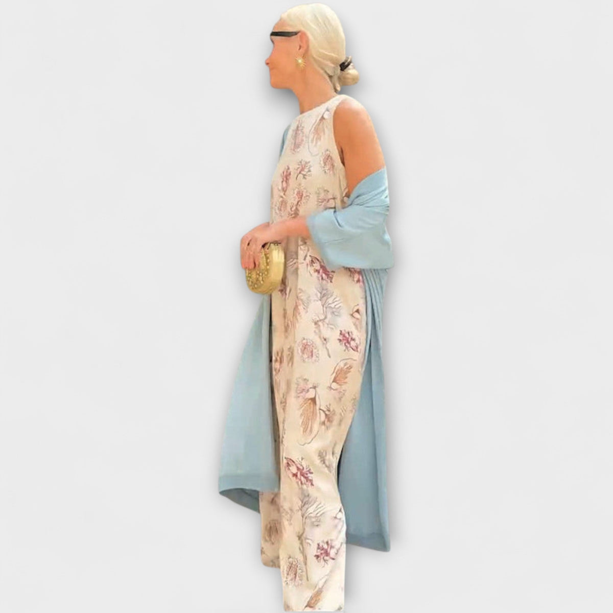 Elveria - Robe Longue Beige avec Cardigan Assorti
