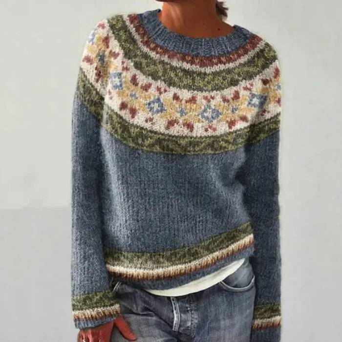 Katri | Pull Rétro Bleu à Motif Floral