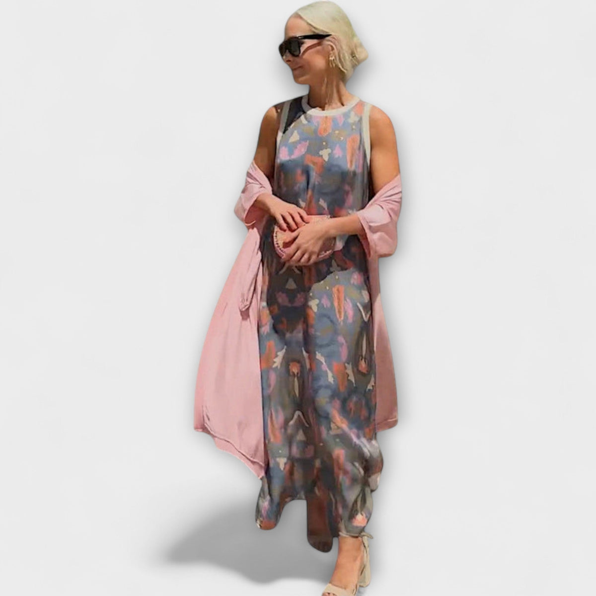 Elveria - Robe Longue Beige avec Cardigan Assorti